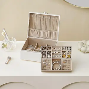 SONGMICS Jewelry Organizer, Double-layer Jewelry Box with Handle, Detachable Jewelry Tray, Jewelry Storage, Modern, White