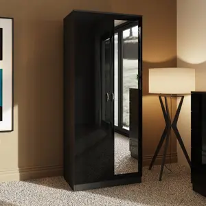 2 Door Mirrored Black Gloss Double Wardrobe Scratch Resistant Bedroom Furniture