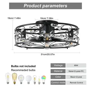 51cm Crystal Farmhouse Reversible Caged Ceiling Fan with Light Kit and Remote Control