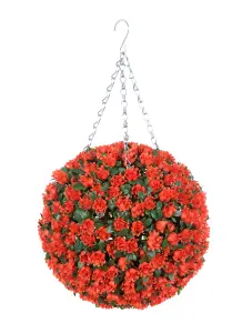 Pair of Best Artificial  28cm Orange Rose Hanging Basket Flower Topiary Ball - Suitable for Outdoor Use - Weather & Fade Resistant