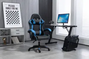 Gaming Chair Blue Recliner with Adjustable Height Lumbar Support Padded Cushion Racing Bucket Seat