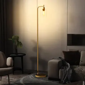 COSTWAY Industrial Floor Lamp Standing Lamp with Hanging Glass Lampshade & Foot Switch Golden