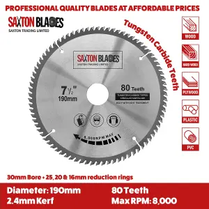 Saxton TCT19080T TCT Circular Saw Blade 190mm x 80 Teeth x 30mm Bore + 16, 20 and 25mm Rings