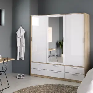 Line Wardrobe - 3 Doors 6 Drawers in Oak with White High Gloss