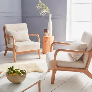 sweeek. Scandi-style wooden armchair with cushion Lorens Beige 65x80x79 cm