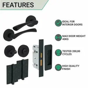 EAI - Black Door Handles Bathroom Swept Lever on Rose Kit / Pack - 64mm Bathroom Lock - 76mm Hinge - Matt Black