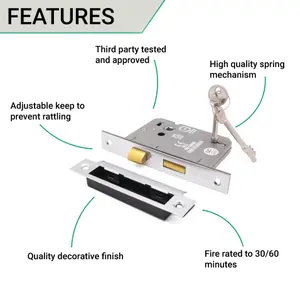 EAI Sashlock 65mm / 44mm Backset Chrome 3 lever for Internal Wooden Door 2 Keys CE UKCA & Fire Door Approved Anti Rattle Keep