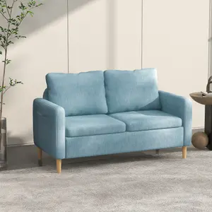 HOMCOM 2 Seater Sofa Modern Fabric Couch with Wood Legs and 2 Pockets Blue