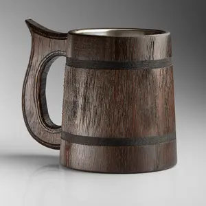 Handmade Large Oak Wooden Tankard Mug - Amazing Craftsmanship and Quality Materials - Heavy Duty & Long-Lasting Dark Brown Mug