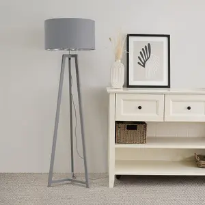 ValueLights Lottie Grey Wood Tripod Floor Lamp with Grey/Chrome Drum Shade - LED Bulb Included