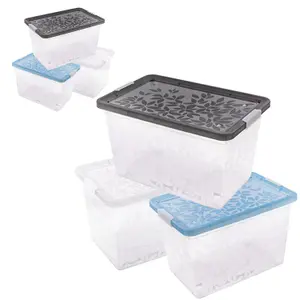 Set of 3 22 Litres Elegant Jasmine Leaves Strong Stackable Plastic Storage Boxes Complete With Clip Locked Lids