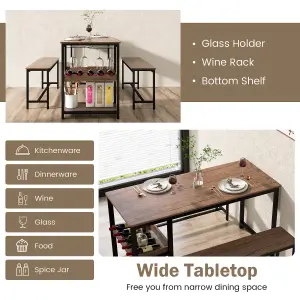 Costway 3PCS Dining Table Set Kitchen Table & 2 Benches W/ Storage Shelf Wine Rack