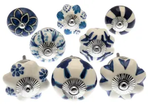 MangoTreeKnobs - Mixed Set of Blue & White Vintage Style Ceramic Cupboard Knobs x Pack 8 (MG-713)