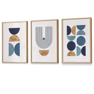 Mid Century Geometric Wall Art Prints in Blue and Gold / 42x59cm (A2) / Oak Frame