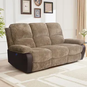 Comfy Living Fabric Cord Electric Recliner 3 Seater Sofa In Brown