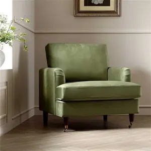 Brigette Olive Green Velvet Armchair With Antique Brass Castor Legs - Daals - Armchairs