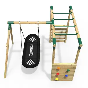 Rebo Wooden Children's Garden Swing Set with Monkey Bars - Single Boat Swing - Green