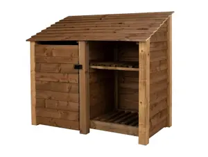 Wooden tool and log store, garden storage with shelf W-146cm, H-126, D-88cm - brown finish