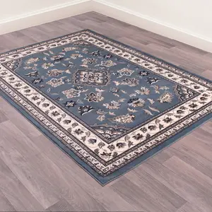 Blue Traditional Bordered Rug Easy to clean Dining Room-80cm X 150cm