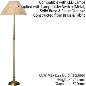 Luxury Georgian Floor Lamp Solid Brass & Beige Organza Pleated Shade 1.75m Tall