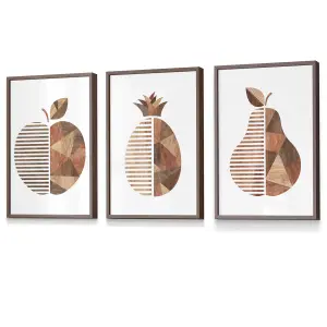 Set of 3 Framed  Framed Geometric Wood Grain Effect Fruit / 30x42cm (A3) / Walnut