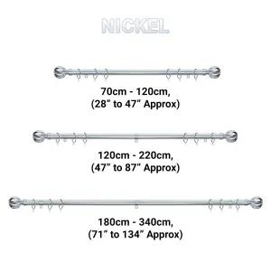 A.Unique Home Geo Ball Metal Extendable Curtain Pole With Rings and Fittings (25/28mm) - Nickel, 70cm - 120cm  Approx