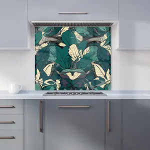 Green Beige Tropical Leaves Premium Glass Kitchen Splashback W700mm x H750mm