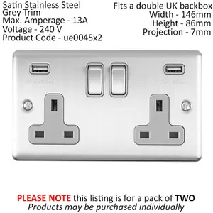 2 PACK 2 Gang Single UK Plug Socket & 2.1A USB SATIN STEEL & Grey 13A Switched