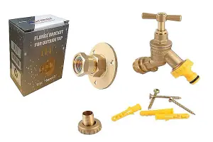 Outside 1/2'' Double Check Garden Tap with Through The Wall Flange Bracket Set for 15mm Copper Or 15mm Plastic Pipe