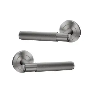 UAP Bathroom Door Handle - Pair - Lever on Rose - Developer Knurled - Bathroom Pack - Complete Set - Satin Chrome