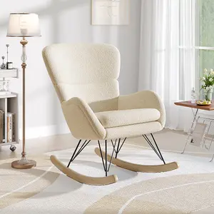 Rocking Chair Faux Wool Upholstered Rocking with Removable Padded Seat and High Back