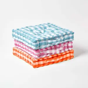 Homescapes Orange Block Check Cotton Gingham Floor Cushion, 40 x 40 cm