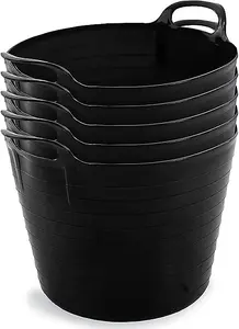 42L Black Flexi Tubs- Multi Purpose Flexible Storage Container Buckets- Set of 5