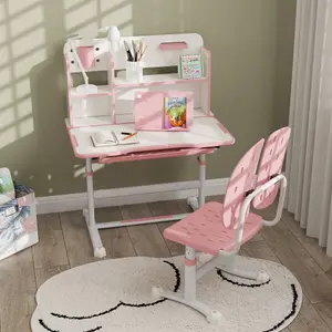 AIYAPLAY Kids Desk and Chair Set w/ Tiltable Desktop Reading Rack - Pink