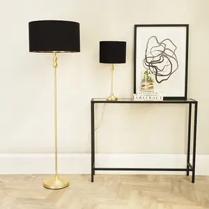 ValueLights Maggie Gold Metal Candlestick Floor Lamp with Black and Metallic Gold Lamp Shade