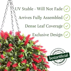 Best Artificial 38cm Red Lush Lavender Hanging Basket Flower Topiary Ball - Suitable for Outdoor Use - Weather & Fade Resistant