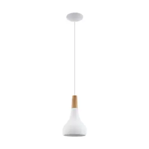 Pendant Ceiling Light Colour White Pear Shape Shade Brown Wood Bulb E27 1x60W