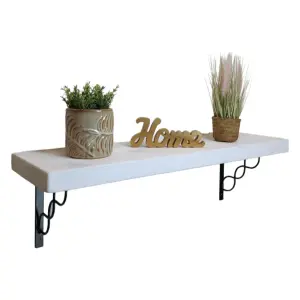 Solid Wood Handmade Rustical Shelf White 175mm 7 inch with Black Metal Bracket WPRP Length of 80cm