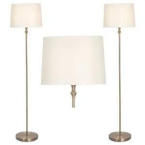 First Choice Lighting Set of 2 Antique Brass Floor Lamps with Cream Shades