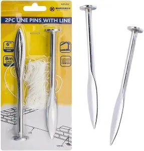 New Pack Of 2 Line Pins With 8m Line Builders Brick Laying Hand Tool 6" Pins New Diy