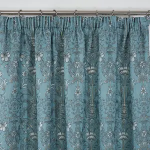 Sundour Kyoto Fully Lined Pencil Pleat Curtains Blue 46x54" Ready Made Curtain Pair