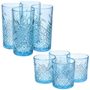 URBNLIVING 8 Pcs Combopack of 450ml & 345ml Whiskey Scotch Vodka Tumbler Blue Glassware Set