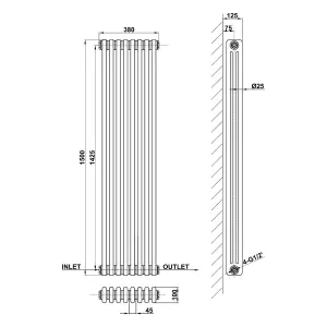 Vertical Black Triple Column Radiator (H) 1500mm x (W) 380mm, 5805 BTU.