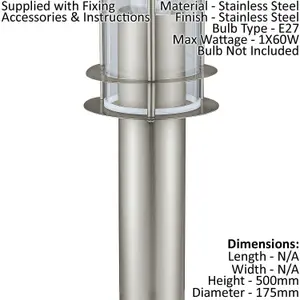 IP44 Outdoor Bollard Light Stainless Steel 500mm 60W E27 Driveway Lamp Post