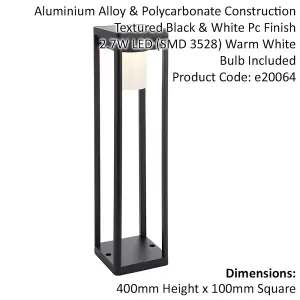 400mm Solar Powered Outdoor Bollard Post Light - Textured Black & White Diffuser