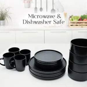 16 Piece Stoneware Dinnerware Set - Service for 4 Black