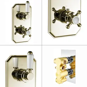 ENKI Regent English Gold White Crosshead 2-Outlet Solid Brass Thermostatic Twin Shower Valve TSV036