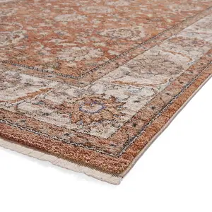 Brown Terracotta Traditional Bordered Floral 10mm Thick Stain-Resistant Rug For Bedroom, & Dining Room-80cm X 300cm