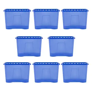 Wham Crystal 8 x 80L Plastic Storage Boxes with Lids. Large Size, Strong. Made in the UK Tint Spectrum Blue