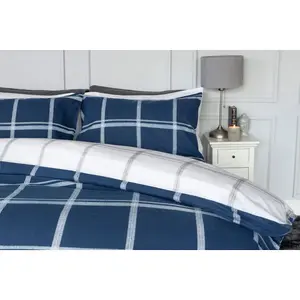 Belledorm Dalton Brushed Cotton Checked Duvet Cover Set Navy/White (Single)